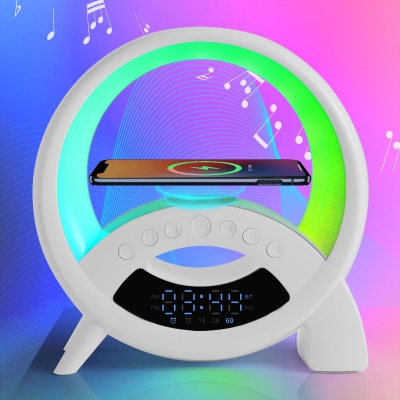 5-in-1 Atmosphere LED Lamp Inteligent Night Light 15W Wireless Charger, Bluetooth Speaker, Alarm Clock Portable Speaker Neonlight Built-in Battery, Bedroom Decor (Q Shape)